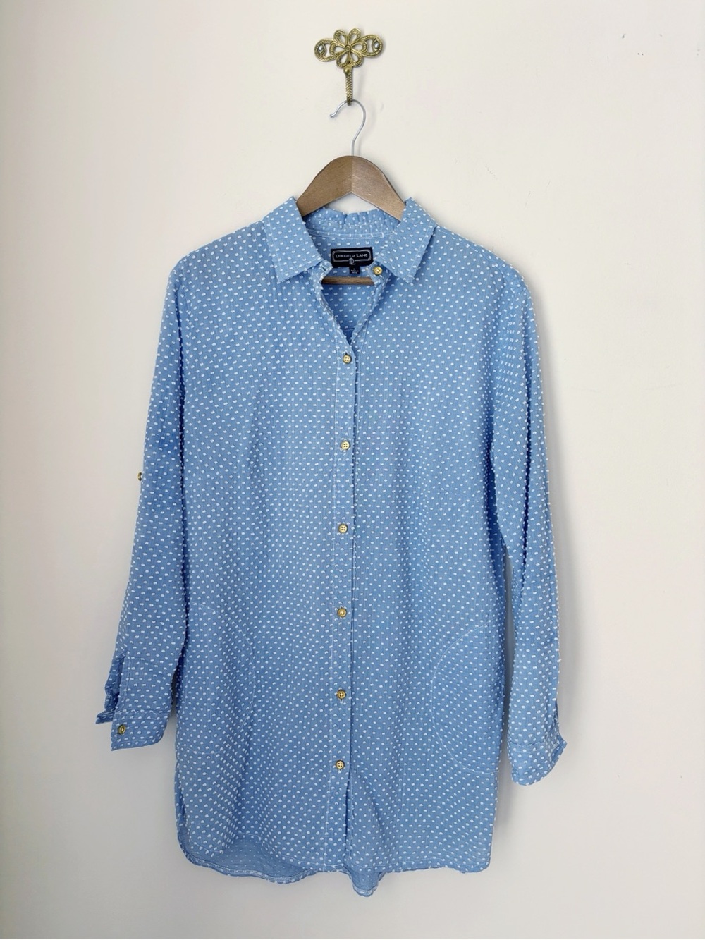 Duffield Lane Blue Swiss Dot Button Front Tunic Top Large Coastal Summer
